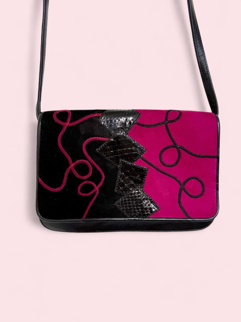 80s Vintage Carlos Falchi Black and Magenta Suede Crossbody